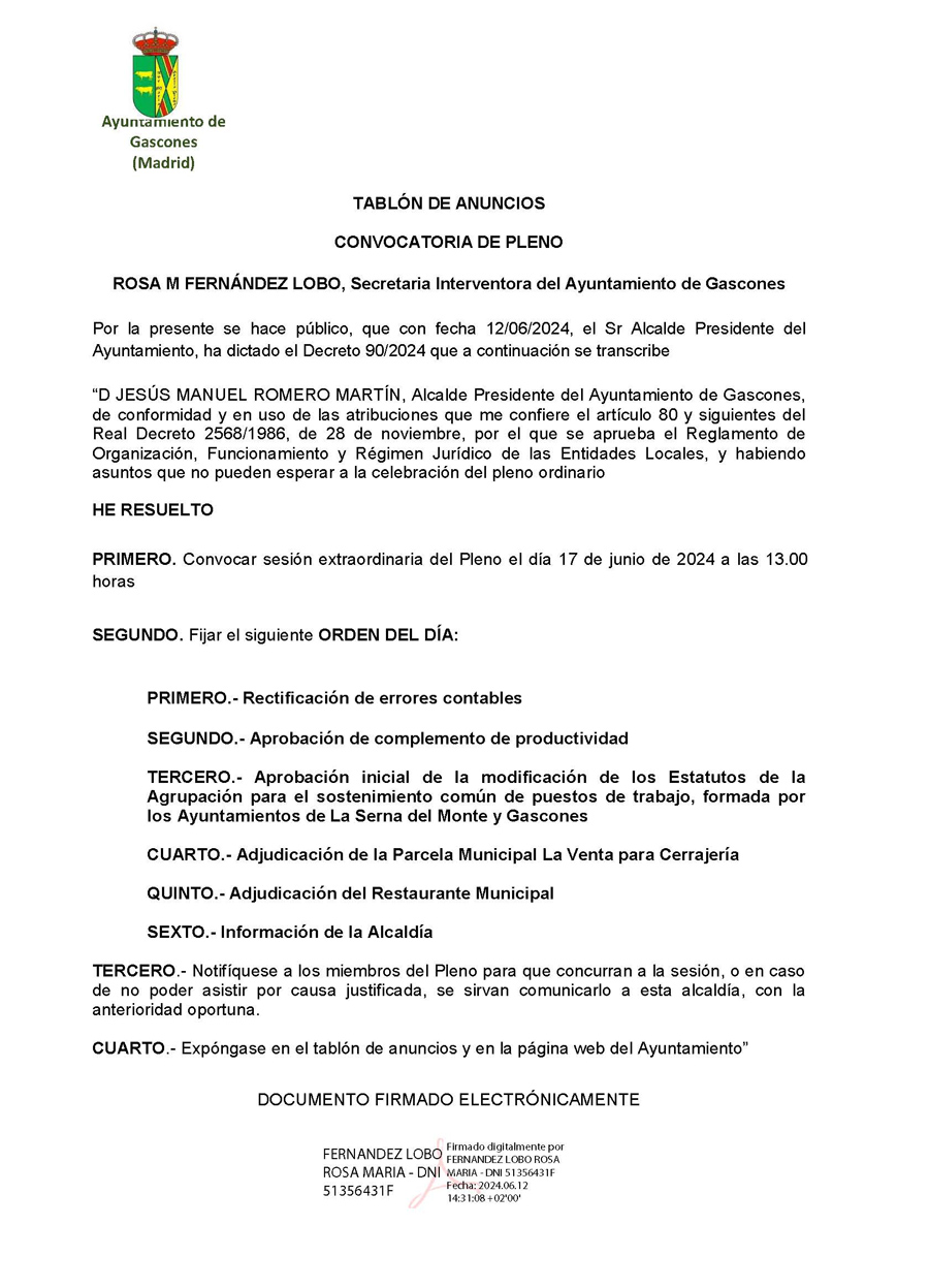 TABLON DE ANUNCIOS CONVOCATORIA DE PLENO 20240617